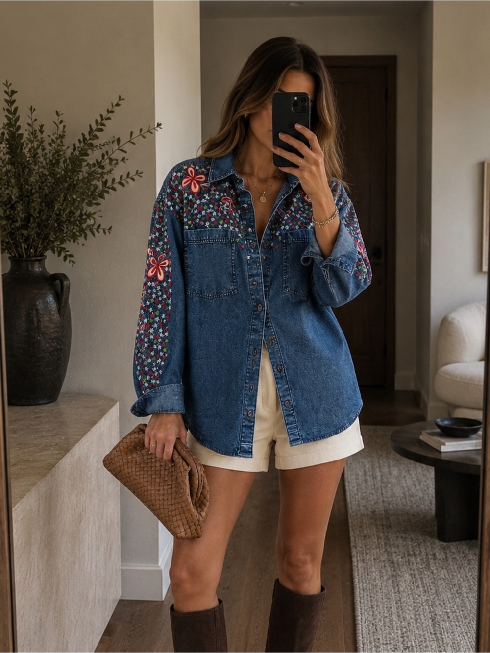 Free People We The Free Rainbow Embroidered Denim Shirt Rinse Wash Blue Size S